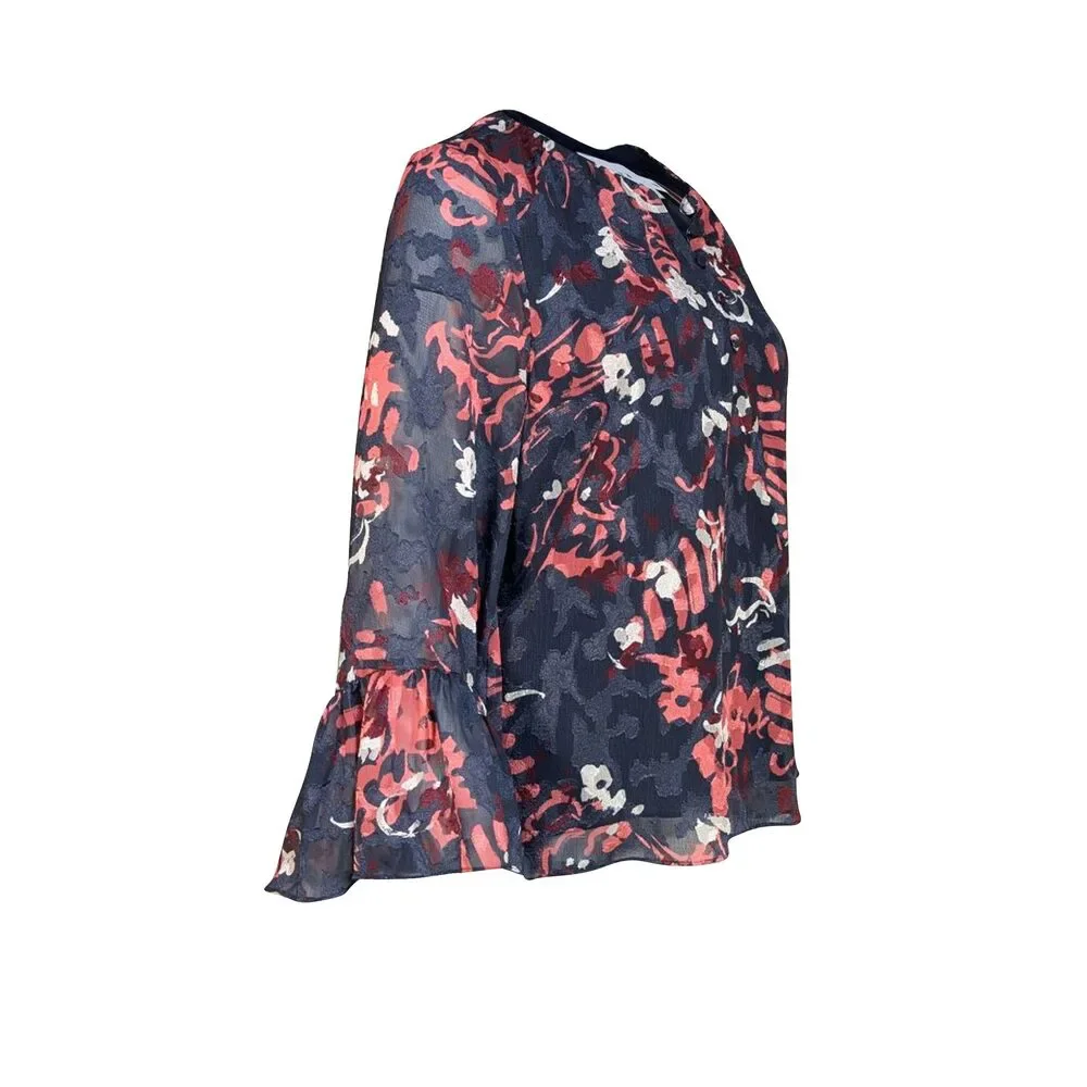 Tanya Taylor - Navy & Coral Print Long Sleeve Harmony Top Sz M